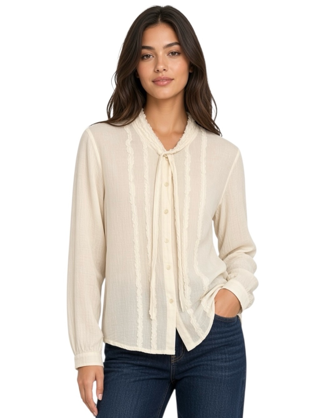 J. Jill Tie-Neck Button-Front Gauze Blouse in Cream